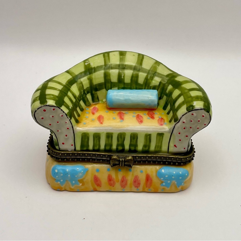 Vintage, Trinket Box, Miniature Ceramic Couch, Green Striped, Hinged Lid